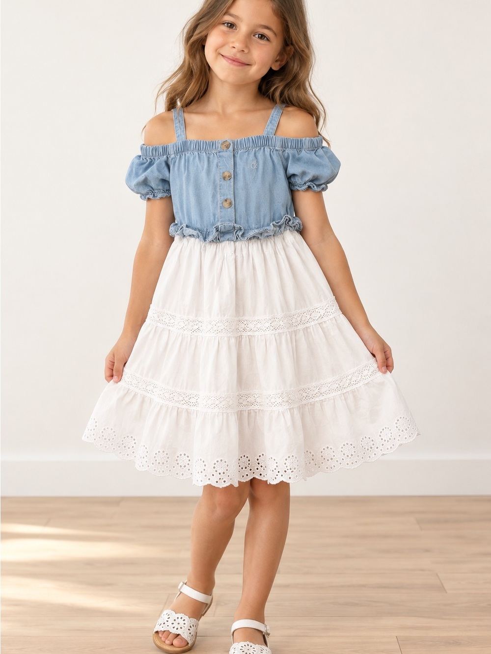 Girls Blue Chambray Off-Shoulder Top with White Eyelet Skirt Dress